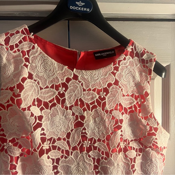 Karl Lagerfeld Crochet Lace Overlay Coral Fit Flare Wedding Guest Dress NICE! - Picture 10 of 11